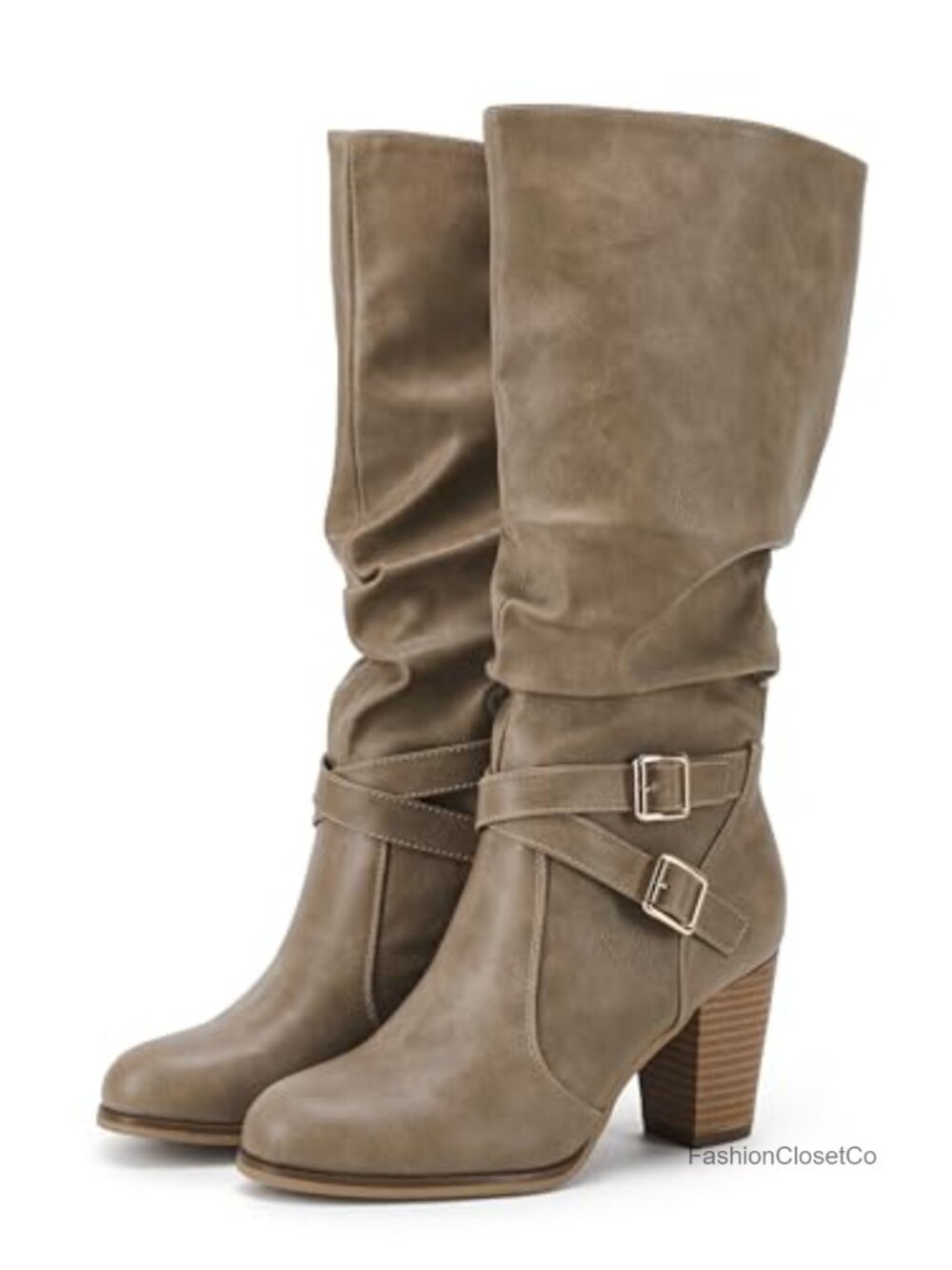 Faux Leather Mid Calf Chunky Heel Slouchy Boots Side Zipper Women Winter Shoes